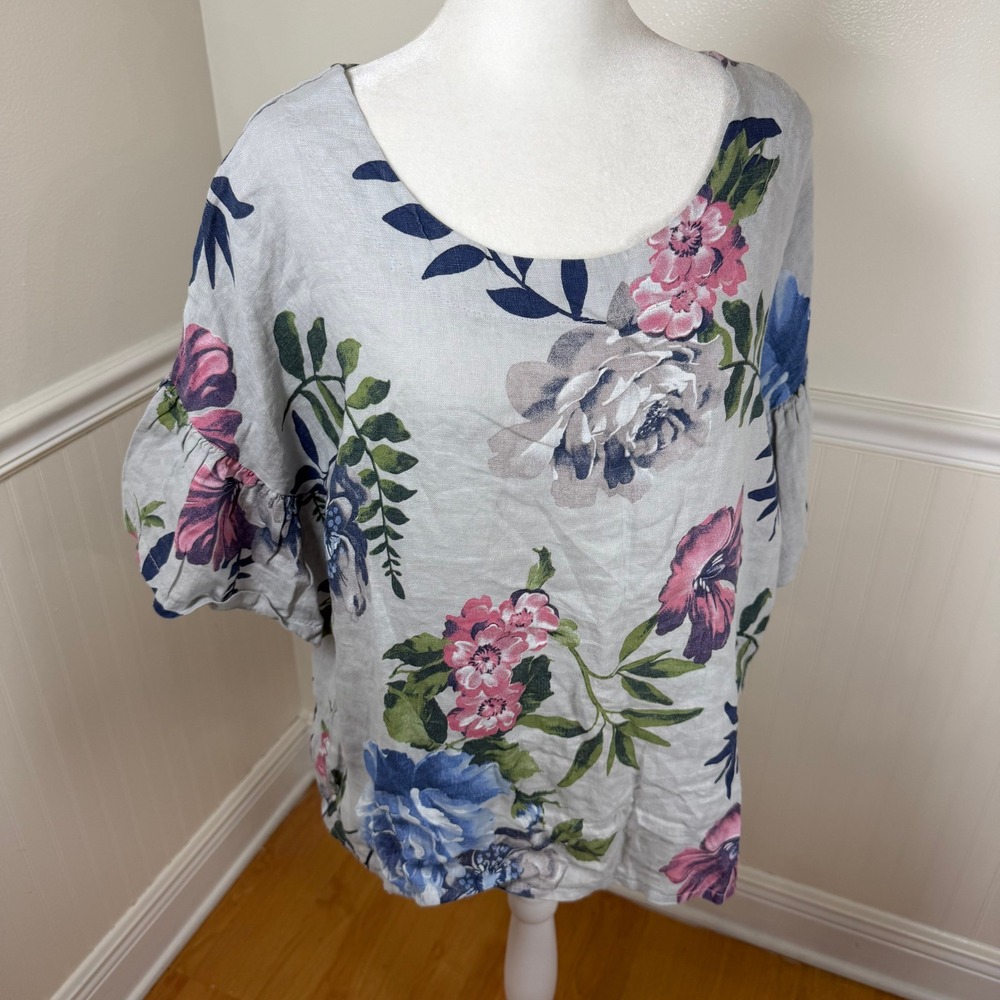Laura Bianchi Floral Linen Blouse Women Size S Gray Blue Pink Bell‎ Sleeve Italy